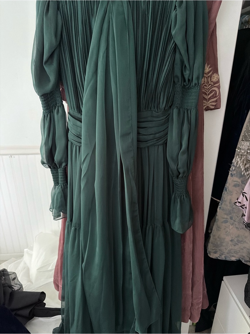 Summer Evenings Forest Green Long Sleeve Pleated Maxi Dress